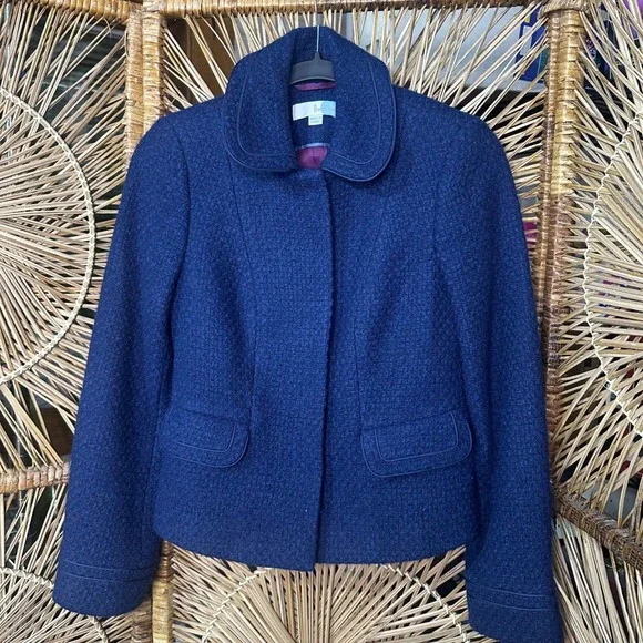 Boden Blue Wool Blend Bouclé Jacket WE300 Peter Pan Collar Navy Womens 4R - Picture 1 of 11